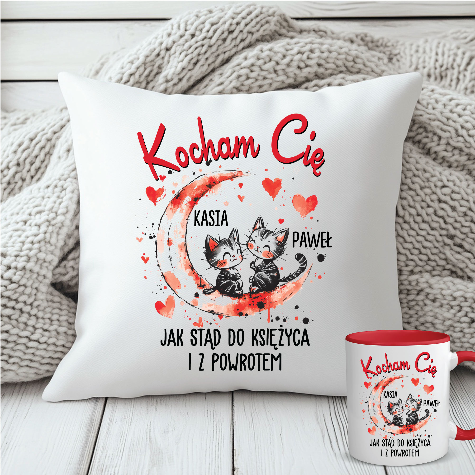 Kocham Cię jak z stąd do księżyca - poduszka i kubek