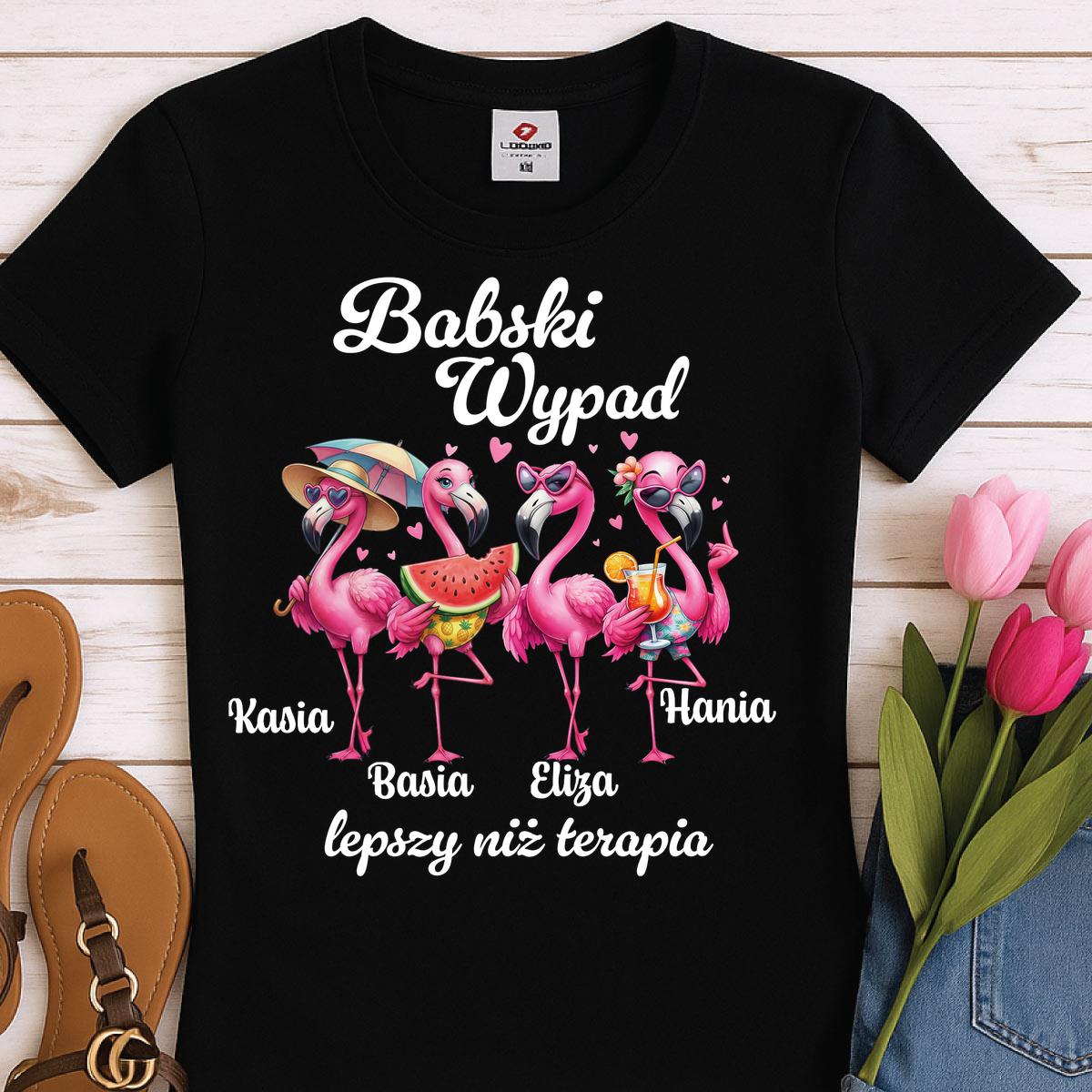 Babski wypad (Flamingi) Czarna koszulka